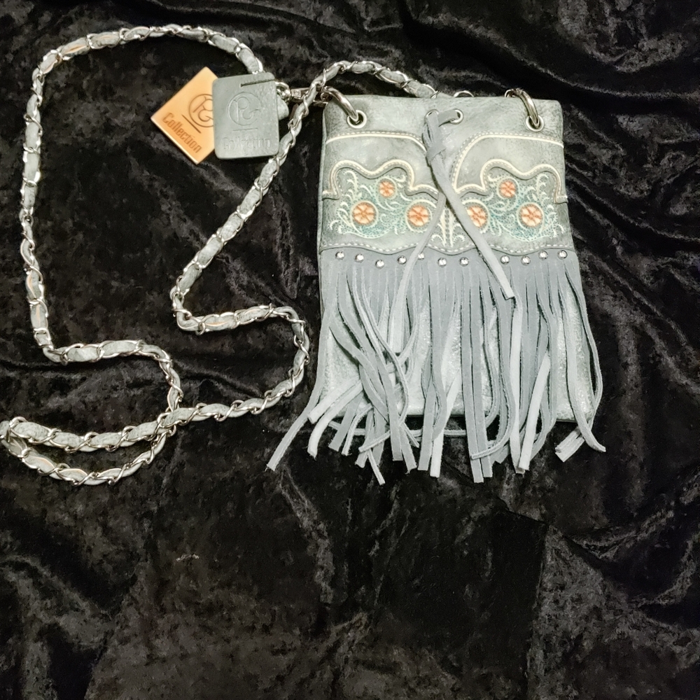 PG COLLECTION BLUE LEATHER FRINGED CROSSBODY BAG W/SEWN PINWHEEL APPLIQUE/ NWT